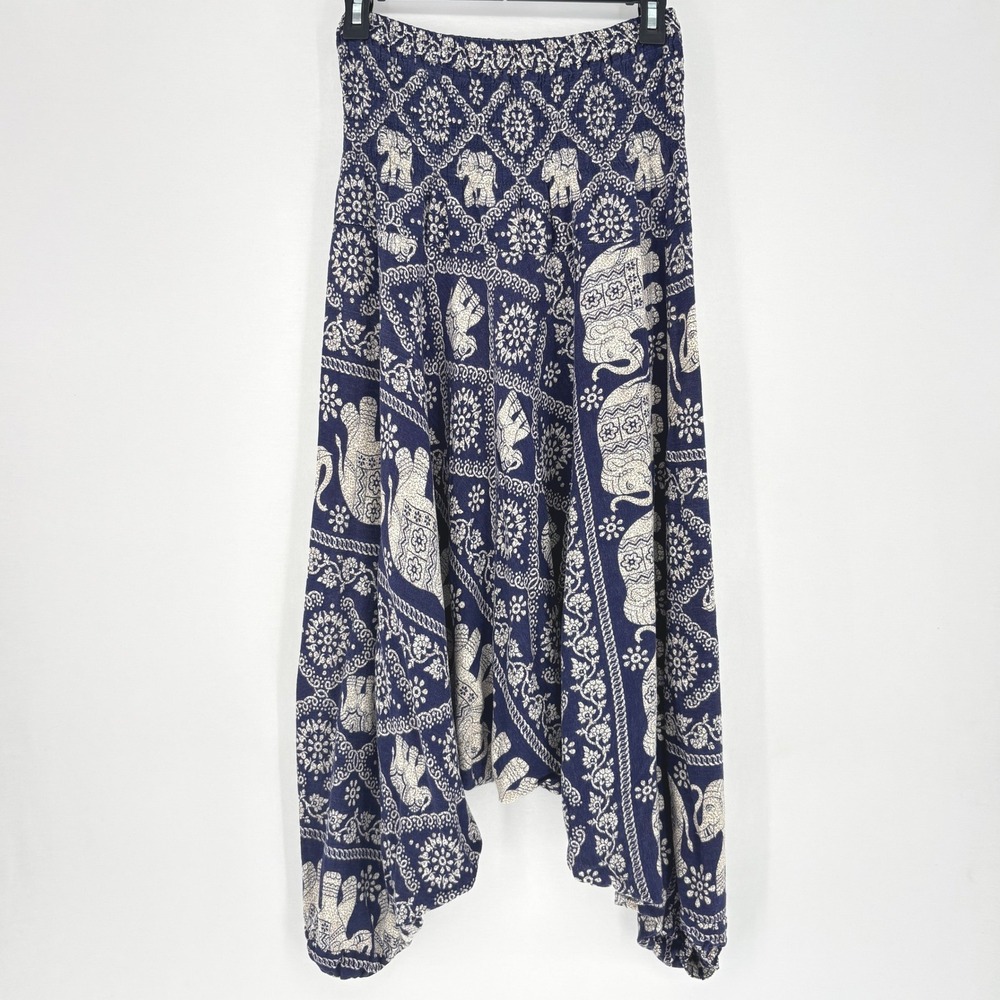 Elephant Print Harem Pants Blue Smocked Waist Boho XL - Picture 6 of 8